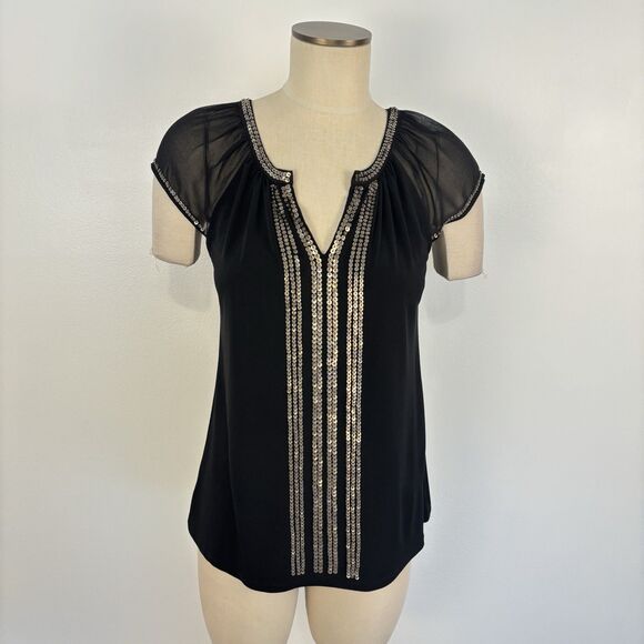 White House Black Market Womens Small Black Gold Sequined Blouse Shirt Top - Picture 1 of 6